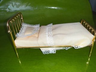 Vintage Dollhouse - Brass Twin Bed - With Handmade Cover & Pillow - Miniature