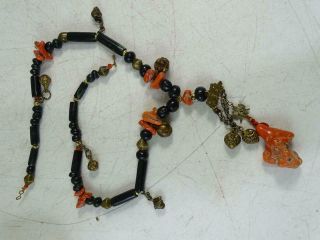 Antique Black Coral Brass Chinese China Beaded Necklace Brass Bell Vintage Old