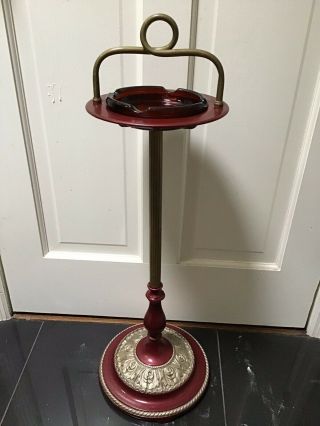 Vintage Ashtray Smoke Stand Cast Iron And Metal Gold Maroon Silver Restored