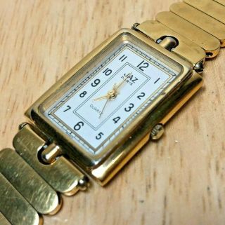 Vintage Jaz Paris France Men Lady Gold Tone Rectangle Quartz Watch Hour Batt