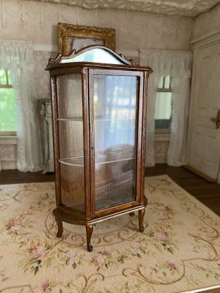Vintage Miniature Dollhouse Artisan Crafted Wood Glass Mirror Display Cabinet