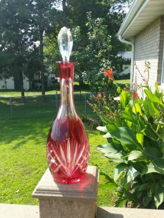 Vintage Cranberry Cut To Clear Wine Decanter W/ Crystal Stopper