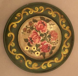 Vintage Two (2) Folk Art Hand Painted Wooden Wood Floral Wall Plates Hanging