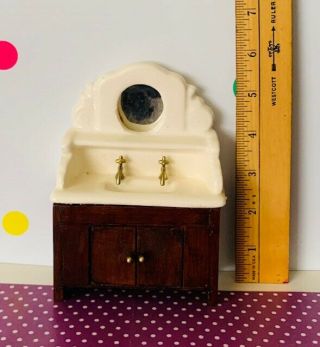 Vintage Wooden & Porcelain Dollhouse Miniature Bathroom Sink W/ Mirror