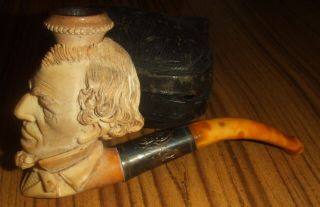 Antique Meerschaum Clay Character Head Pipe With Amber Stem.  In Case.