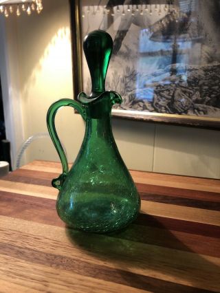 Rainbow Glass Vintage Green Crackle Art Glass Cruet With Stopper 6.  25 Inches