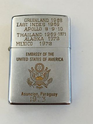 1973 Silver Tone Zippo Lighter Embassy Of The United States Of America Vintage