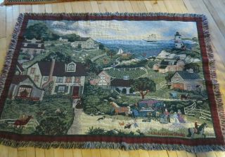 Vintage Seaside Town Light House Tapestry Throw Goodwin Weavers,  70  X 49 ",  Usa