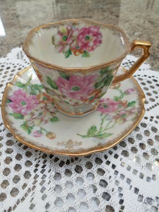Vintage Tea Cup And Saucer With Pink Yellow Flowers Gold Trim By Castle