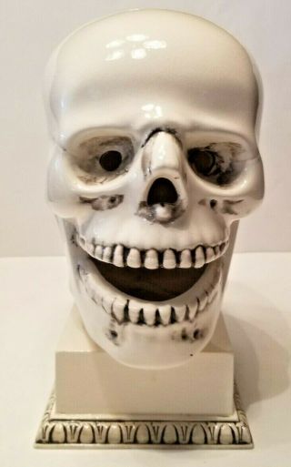 Vintage Bisque Porcelain Skull On Pedestal Music Box
