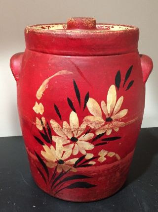 Vintage Stoneware Red Earthenware Lid Crock Cookie Jar Painted Flower Unmarked