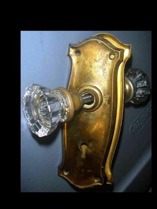 Antique Vintage 12 Point Crystal Glass Door Knobs W/ Brass