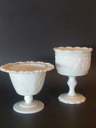 2 Pc Vintage White Milk Glass Lace Edge Footed Candy Dish,  Compote Dish