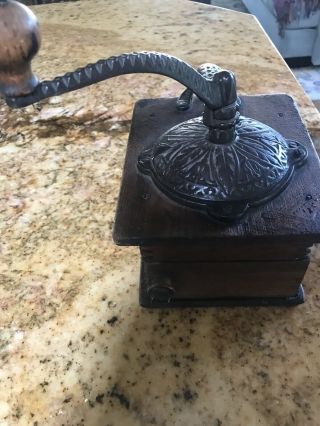 Vintage Wood Coffee Grinder With Iron Hand Crank & Decorative Top