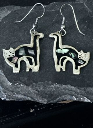 Vintage Mexico Alpaca Silver Onyx Abalone Inlay 2 " Kitty Cat Dangle Earrings 5g