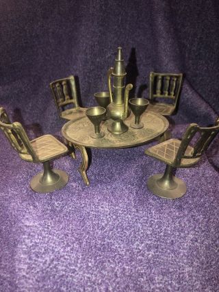 Vintage Miniature Solid Brass Doll House Furniture Table/chairs Dishes India