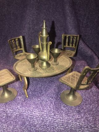 Vintage Miniature Solid Brass Doll House Furniture Table/Chairs Dishes INDIA 2