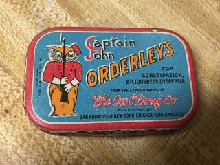 Vintage Captain John Orderleys Tin The Owl Drug Co.  For Constipation