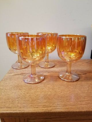 Set Of 4 Vintage Marigold Iridescent Carnival Glass Water Goblets Star Pattern