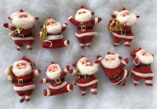 9 Vintage Plastic Red Flocked Santa Claus Xmas Ornaments 3 " Tall