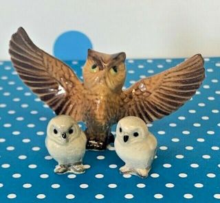 Vintage Hagen Renaker Ceramic Miniature Flying Owl & 2 Snowy Owl Babies Set Of 3