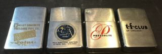 4 Vintage Zippo Lighters - 1960’s - Concrete Pipe Co.  Soaring Society Chicago,