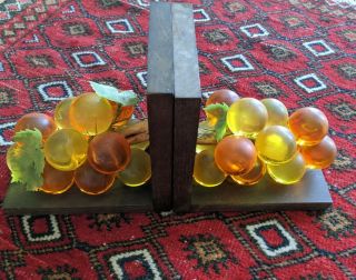 Vintage Mid Century Modern Grape Bookends Set 2 Lucite Acrylic On Wood 3