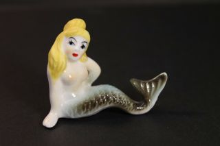 Vintage Ceramic Mermaid Figurine Blond Hair Blue Eyes 2 " H Fairy Garden