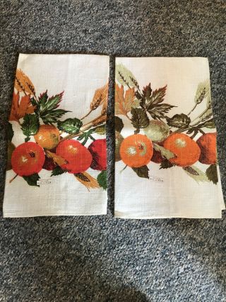 2 Vintage Kitchen Tea Towels All Linen Orange Green Fruit With Leaves