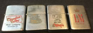 4 Vintage Zippo Lighters - 1950’s - Meat Co.  Mutual Of Omaha L&m Cigs Sturgis