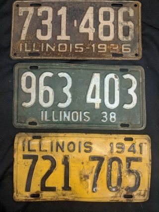 3 Illinois License Plates Man Cave Vintage 1936 1938 1941 Garage Decor