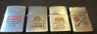 4 Vintage Zippo Lighters - 1950’s - Pkg.  Supply Cr Chicago Rawhide Monroegolf Club