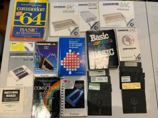 Commodore 64 Floppy Discs,  Games,  Manuals,  Coding Books,  And Software Bundle