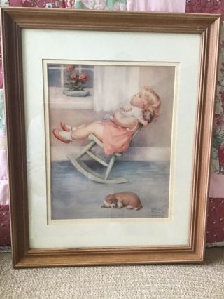 Rare Vintage Bessie Pease Gutmann Framed Signed Print,  Girl W/ Doll & Dog