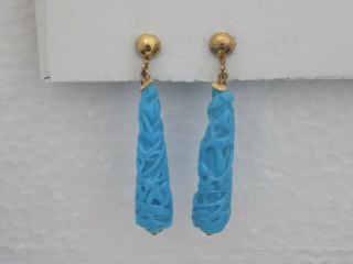 Vintage Gold Tone Blue Art Glass Bead Dangle Drop Clip Earrings 2925