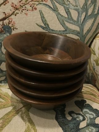 Set 5 Vintage Vermillion Real Walnut Wood Bowl Wooden Salad Individual Dishes 6”