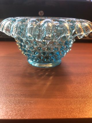 Fenton Vintage Light Blue Hobnail Ruffled Bowl Appx 5.  5 Across
