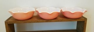 Set Of 3 Vintage Hazel Atlas Pink & White Crinoline Ruffled Bowls