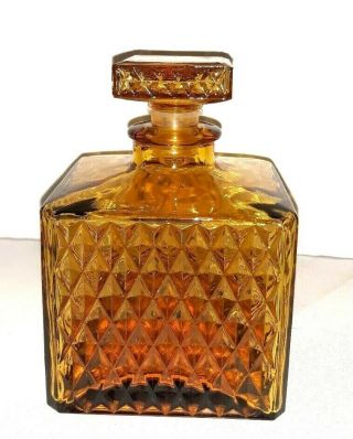 Vintage Bottle Crystal Glass Diamond Cut Square Decanter Liquor Amber Retro - 72