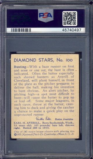 1934 - 36 Diamond Stars Baseball 100 Earl Averill PSA 4 2