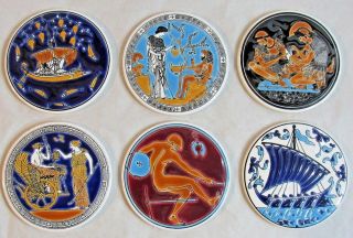 Set 6 Vintage Ceramic Tile Coaster Hand Made Niarchos Greece Mythical Images Mcm