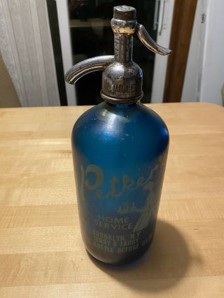 Petkers Vintage Blue Seltzer Bottle Brooklyn Ny