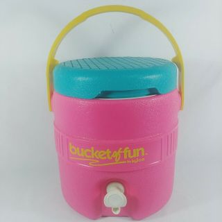 Vintage 1989 Bucket Of Fun Water Cooler By Igloo Teal Pink Blue 80’s 1 Gallon