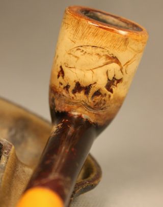 Antique Carved Dog Block Meerschaum & Amber Estate Pipe Pipa Pfeife 烟斗