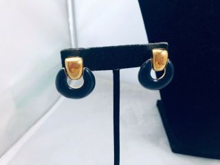 Vtg.  Monet Navy Blue Enamel & Gold Tone Hoop Pierced Earrings
