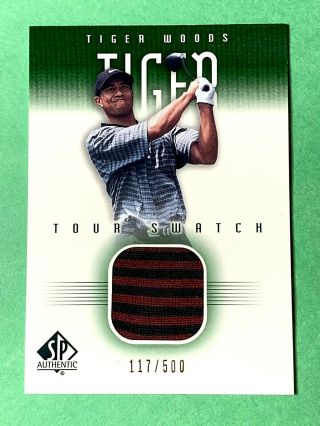 2001 Ud Sp Authentic Tour Swatch Red Black Rookie Shirt Card Tiger Woods 117/500