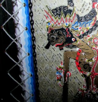 Vintage Javanese Indonesian Wayang Puppet Art Painted on Animal Hide Framed 3