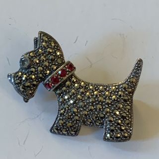 Vintage Scottie Dog Scottish Terrier Pin Rhinestones Red Collar Silver