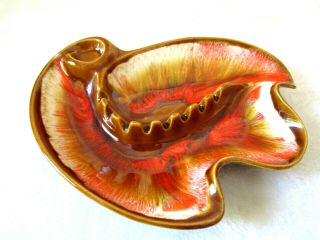 Vintage Mid Century Ceramic Drip Glaze Ashtray Brown,  Orange,  White 9 " X7.  5 "