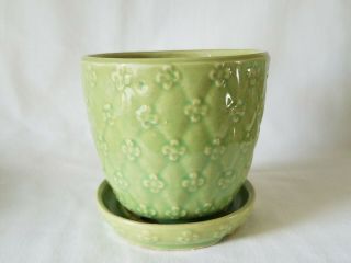 Vintage Shawnee Green Embossed Quilted Planter/flower Pot With Saucer 454 Usa
